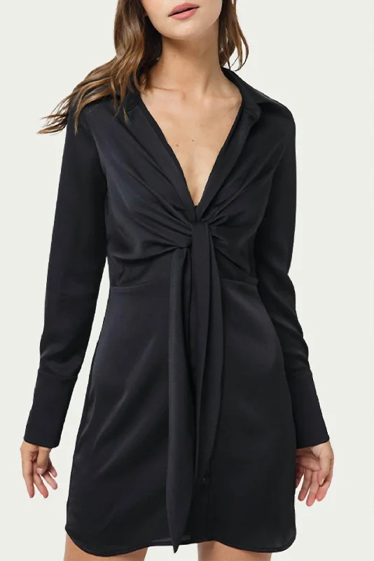 Women's shirt dress fitted -Tie-Front Satin Shirt Dress in Black