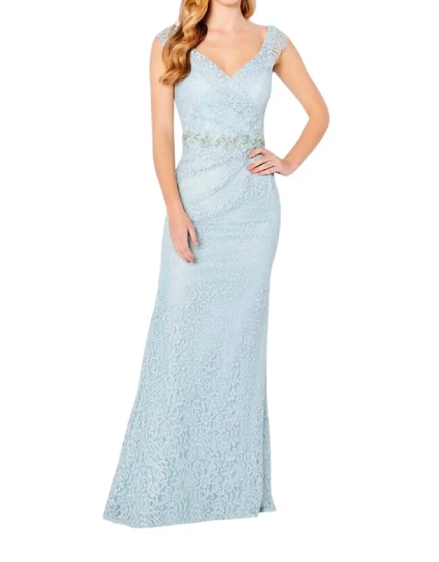 Ladies sleeveless dress daywear -Sleeveless Column Formal Gown In Seafoam