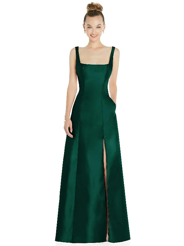 Ladies sleeveless dress everyday -Sleeveless Square-Neck Princess Line Gown with Pockets