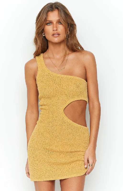 Women's mini dress homecoming -Laurynn Mustard Knit Mini Dress