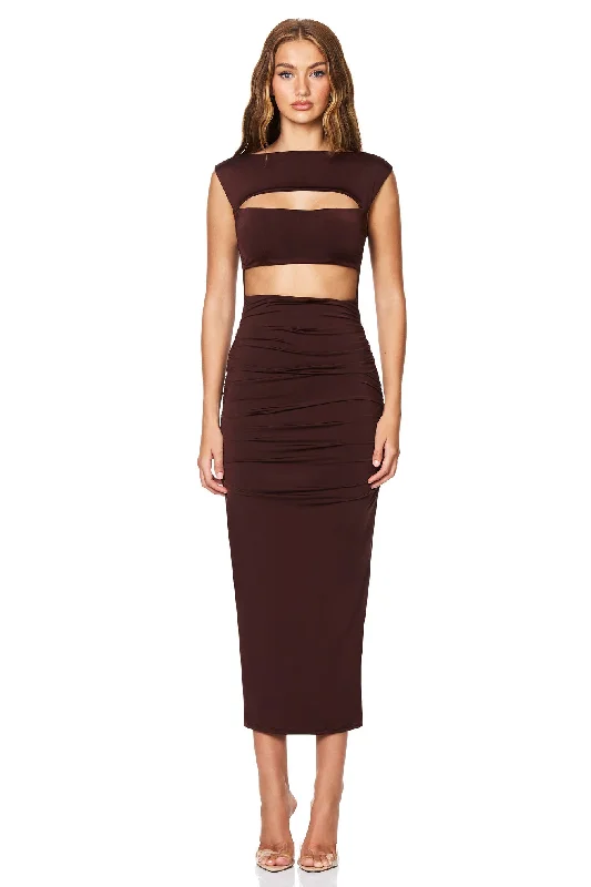 Ladies midi dress indigo -Nookie Enigma Cut Out Midi Dress - Chocolate