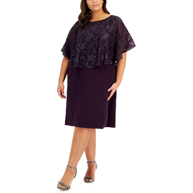 Ladies party dress angel sleeve -Plus Womens Embroidered Cape-Overlay Cocktail and Party Dress