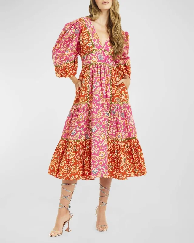 Ladies midi dress backless -Elise Puff Sleeves Midi Dress in Alessandra Pink Print | Alessandra Pink Print