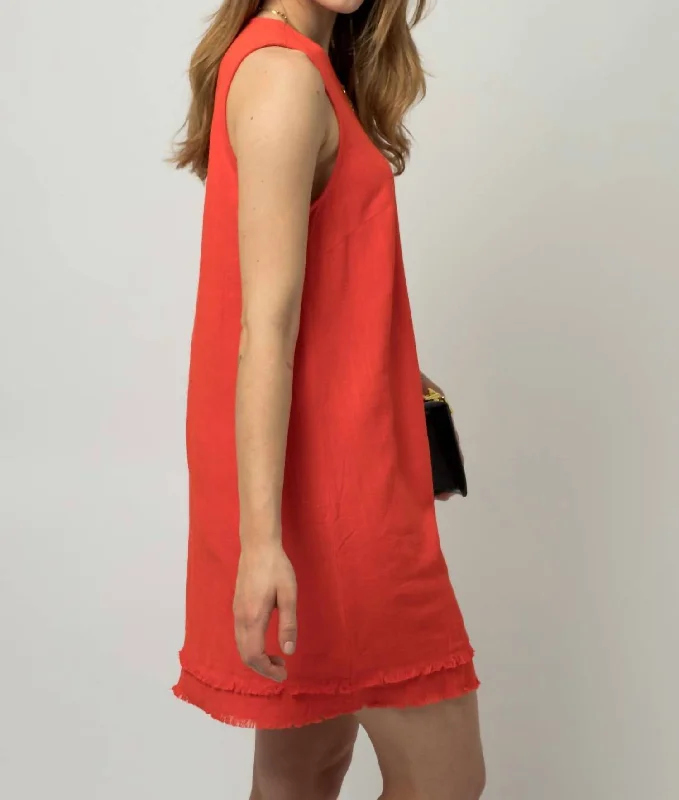 Ladies sleeveless dress celebration -The Virginia Double Frayed Sleeveless Linen Shift Dress In Tomato