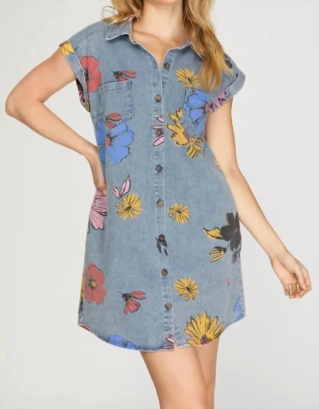 Women's shirt dress structured -Floral Denim Shirt Dress In Blue/multi