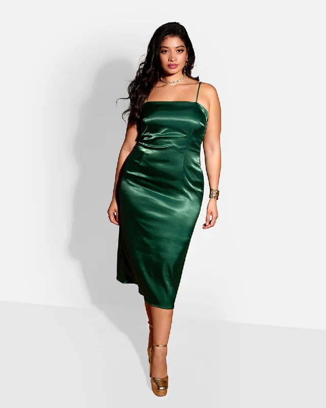 Ladies midi dress patterned -Juno Satin Open Back Midi Shift Dress - Emerald | Emerald