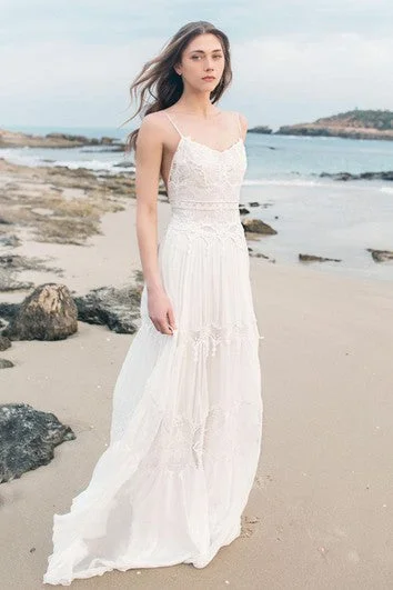 Ladies sleeveless dress layered -Spaghetti Sleeveless Chiffon Beach Boho Wedding Dress