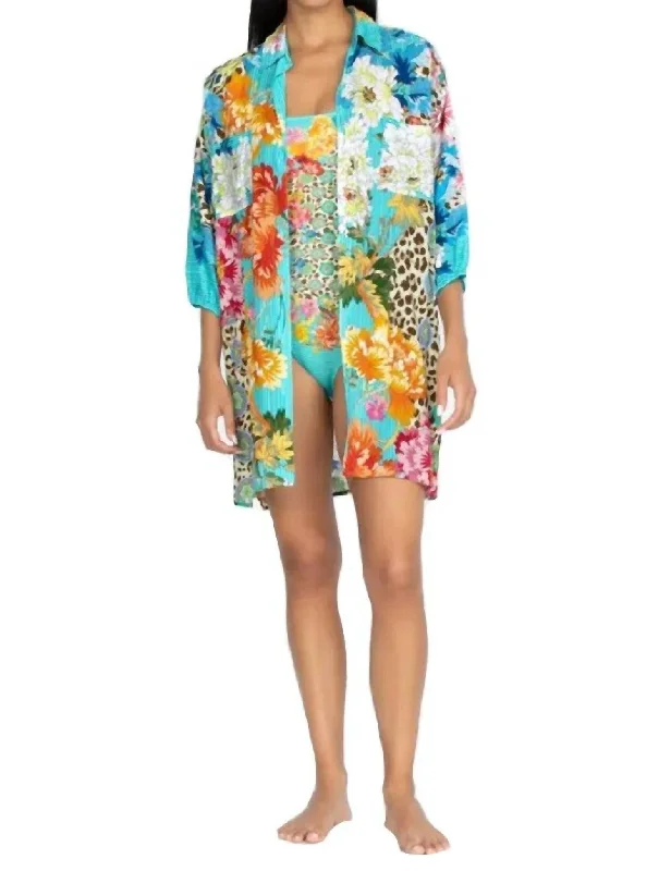 Women's shirt dress cultural -Leopard Shirt Dress in Blue Multi