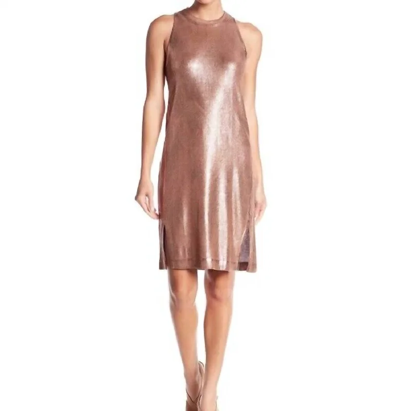 Ladies sleeveless dress stylish -Sleeveless Side Slits Coated Knit Dress In Rose Gold