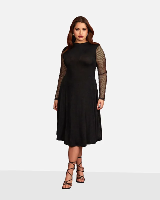 Ladies midi dress dinner -Delphine Mesh Sleeve Midi A Line Dress | Black