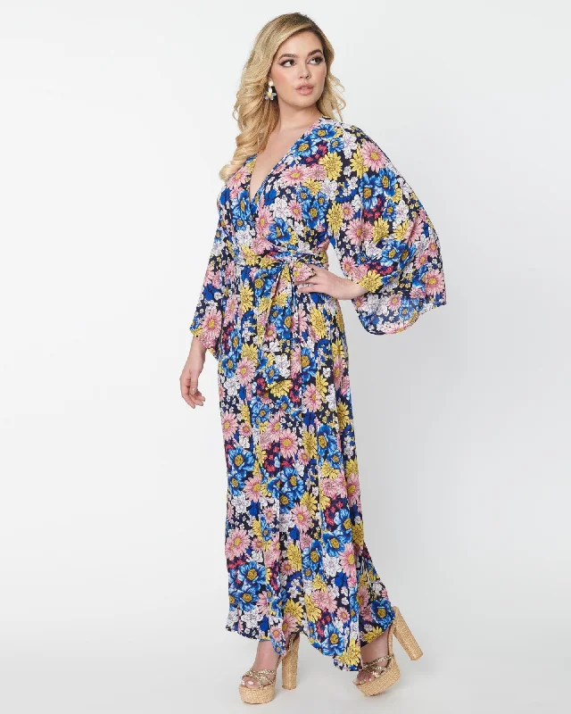 Women's maxi dress embroidered -Unique Vintage Black & Blue Floral Wrap Maxi Dress | Black, Floral