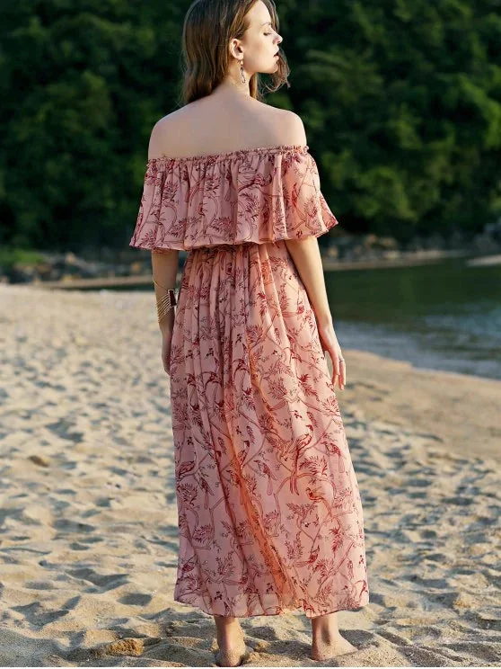 Women's maxi dress beige -TastyHottie - Stunning Off The Shoulder Floral Beach Maxi Dress