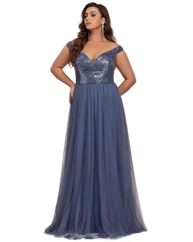 Women's maxi dress blue -Sequin Off the Shoulder Maxi Tulle Evening Dress | Dusty Navy