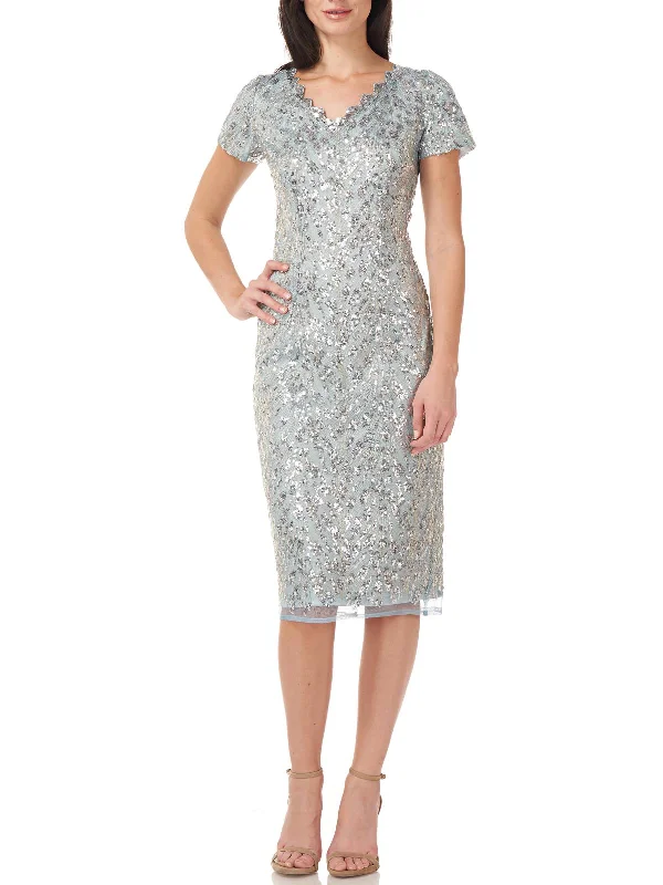 Ladies party dress sky blue -Womens Sequined Scalloped Cocktail and Party Dress