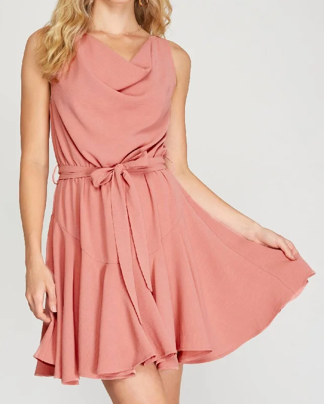 Ladies sleeveless dress swirl -Sleeveless Cowl Neck Flounce Woven Dress With Sash In Dusty Rose