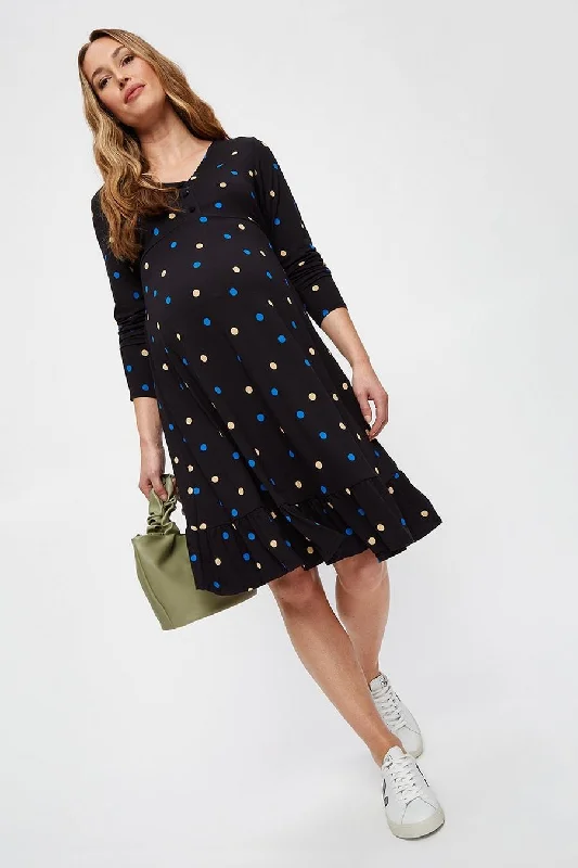 Ladies midi dress tencel -Multi Colour Spot V-Neck Tier Midi Dress