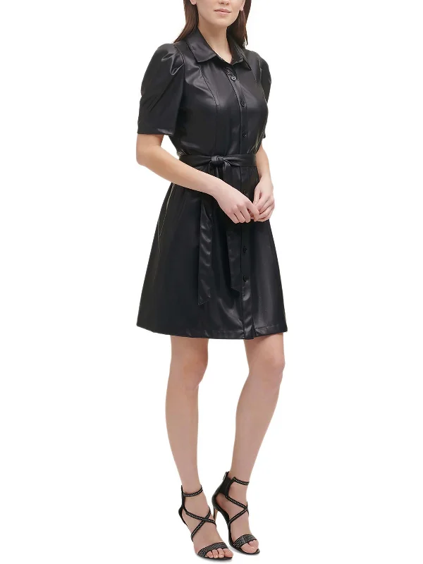 Women's shirt dress beach -Petites Womens Faux Leather Belted Shirtdress