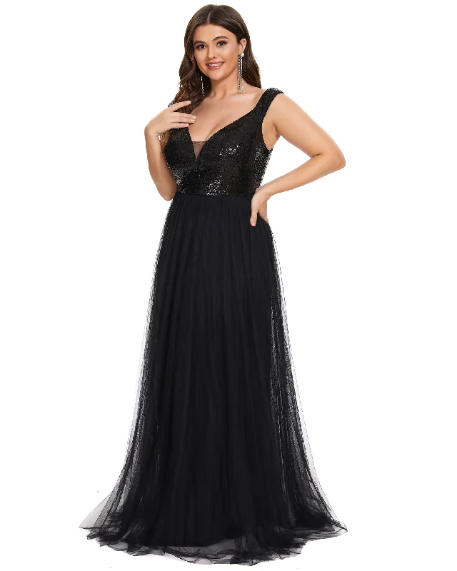 Women's maxi dress polka dot -Sequin Off the Shoulder Maxi Tulle Evening Dress | Black