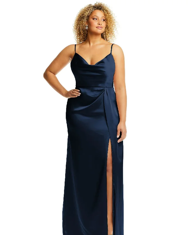 Women's maxi dress festival -Cowl-Neck Draped Wrap Maxi Dress with Front Slit | Midnight Navy