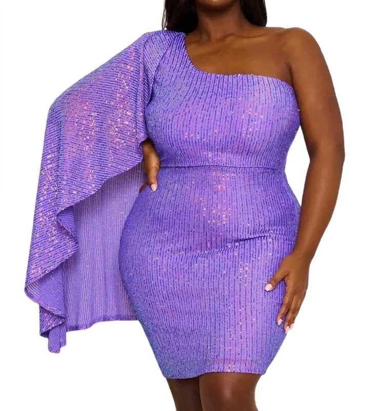 Ladies party dress balloon sleeve -One Shoulder Sequin Party Dress In Purple