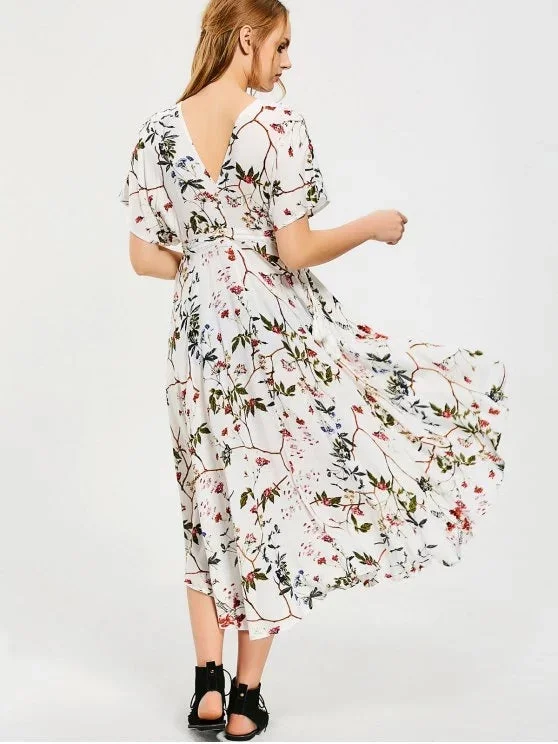 Ladies midi dress mandarin collar -TastyHottie - Gorgeous Empire Waist Floral Asymmetrical Midi Dress