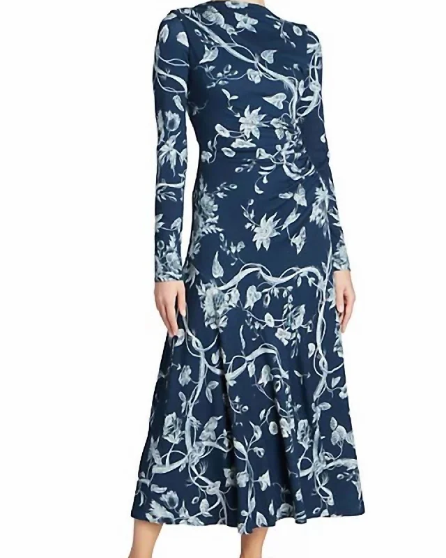 Ladies midi dress bamboo -Long Sleeve Floral Jersey Midi Dress With Drawstring In Indigo | Indigo