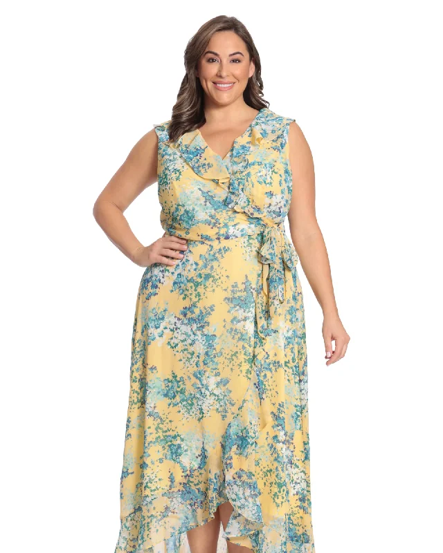 Women's maxi dress yellow -Floral side tie ruffle wrap maxi dress | Yellow