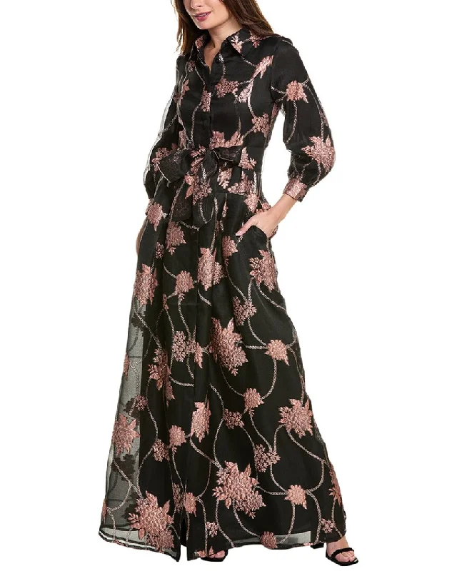 Women's shirt dress romantic -Teri Jon by Rickie Freeman Jacquard Organza Shirtdress Gown