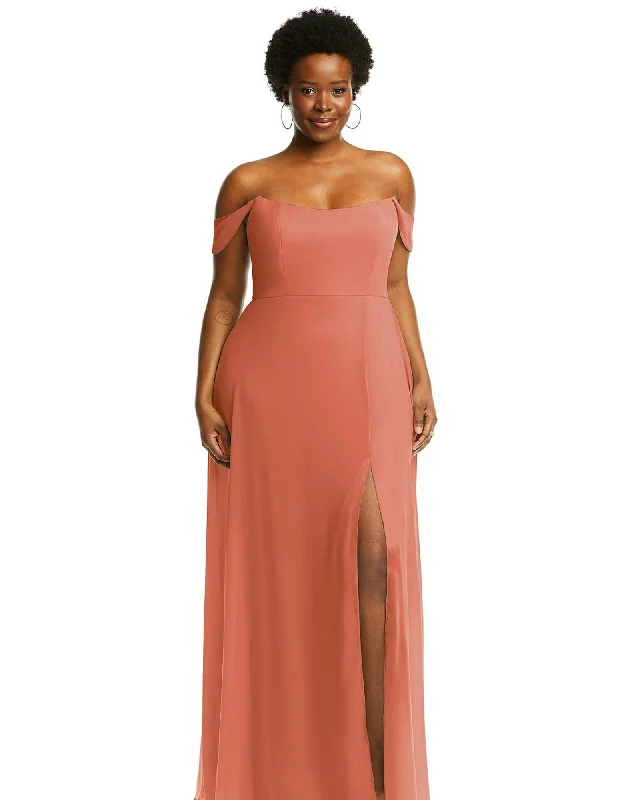 Women's maxi dress loose fit -Off-the-Shoulder Basque Neck Maxi Dress with Flounce Sleeves | Terracotta Copper