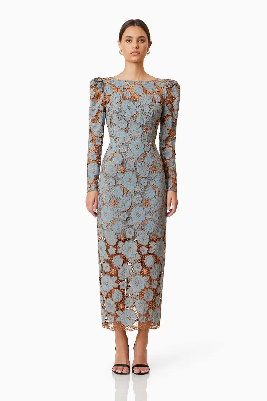 Ladies midi dress everyday -Jasmine Long Sleeve Midi Dress - Blue