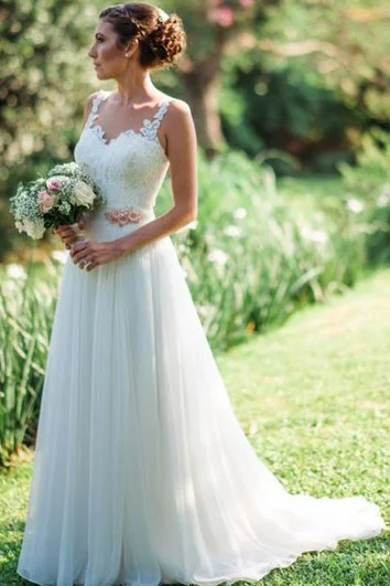 Ladies sleeveless dress beige -Casual Straps Chiffon Lace A Line Floor-length Brush Train Sleeveless Wedding Dress