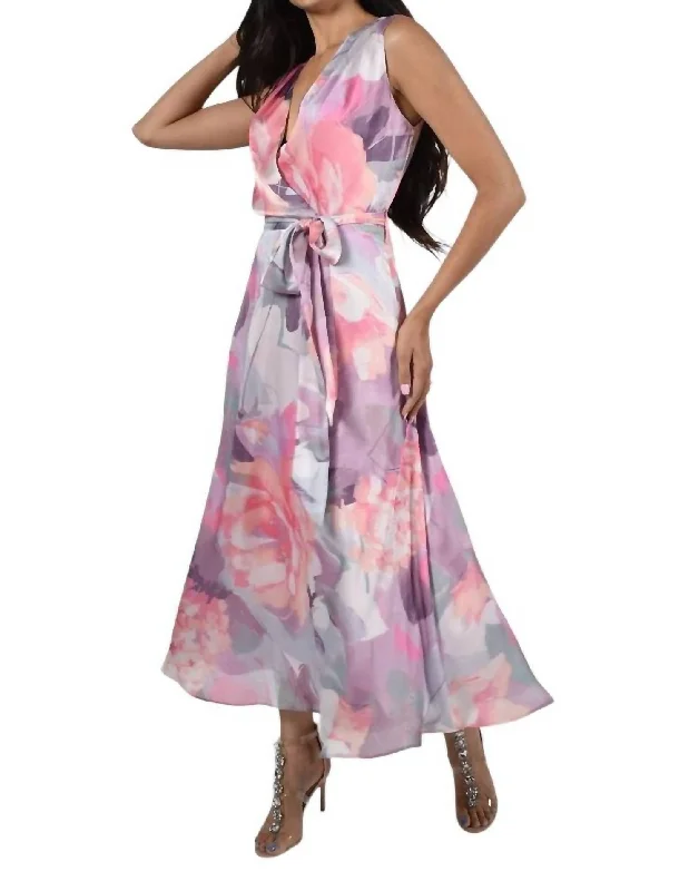 Ladies sleeveless dress evening -Sleeveless Floral Print Wrap Dress In Lilac/pink