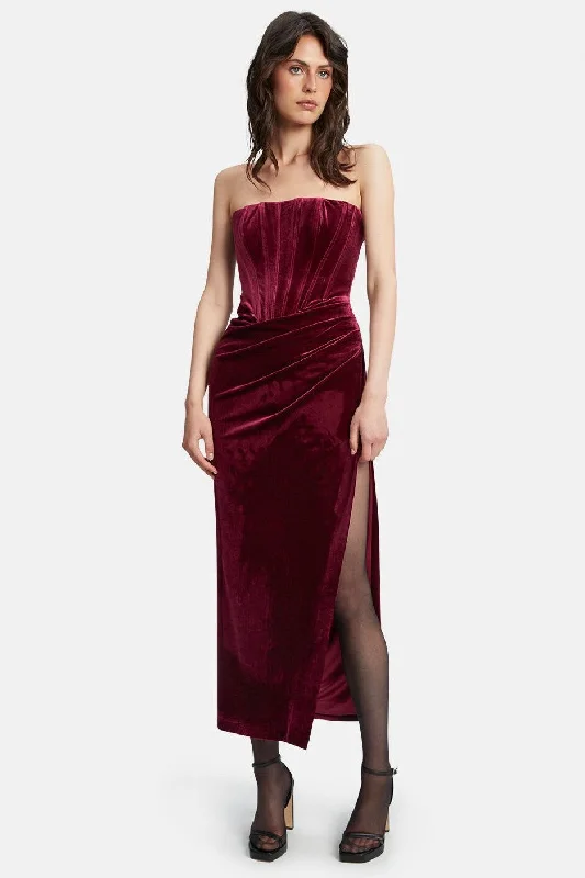 Ladies midi dress linen -Everlasting Velour Midi Dress - Burgundy