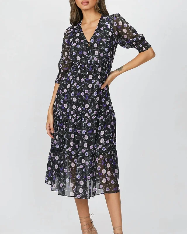 Ladies midi dress summer -Printed Midi Dress in Black/Purple Peony | Black/Purple Peony