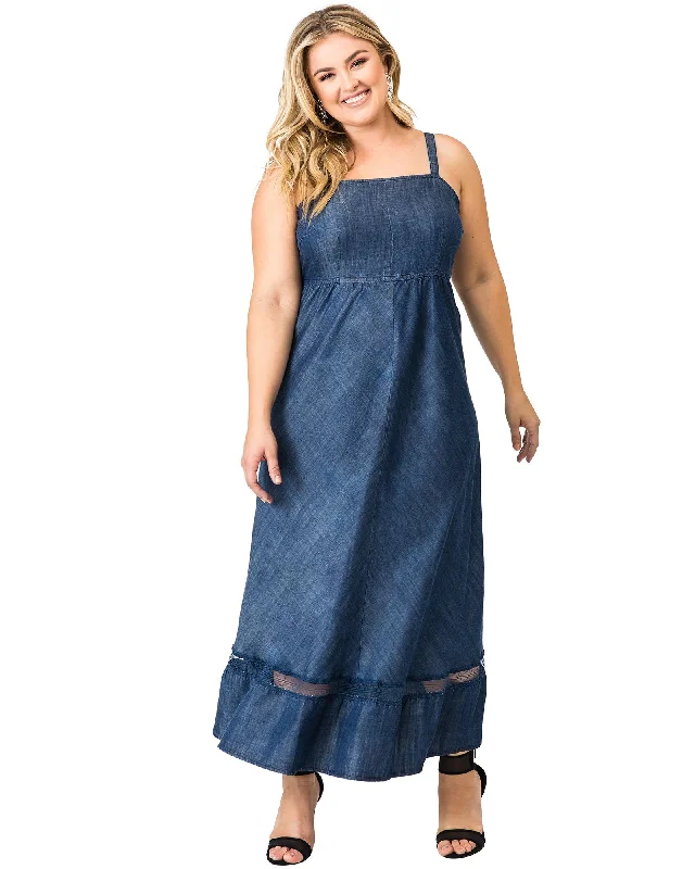 Women's maxi dress perforated -Peggy Denim Maxi Dress | DKSTONE