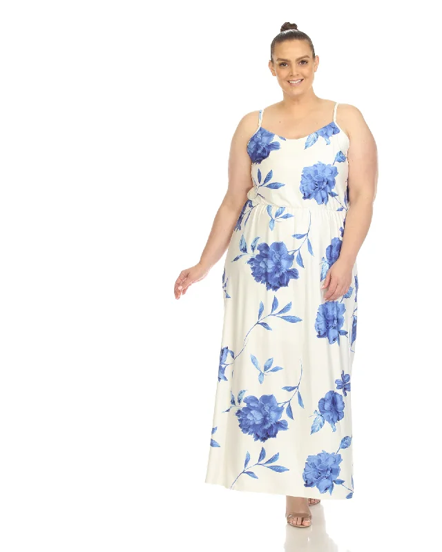 Women's maxi dress floral print -Floral Strap Maxi Dress | White Blue