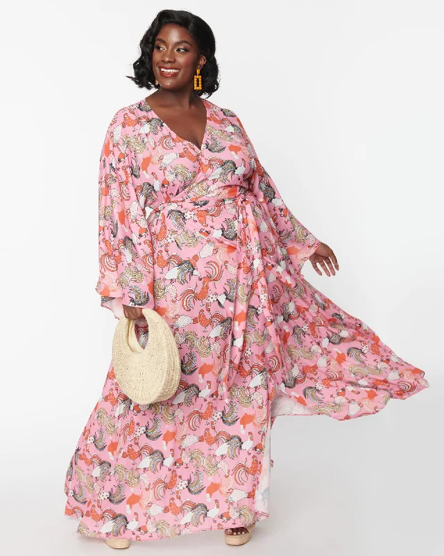 Women's maxi dress textured -Unique Vintage Pink Rooster Print Wrap Maxi Dress | Pink