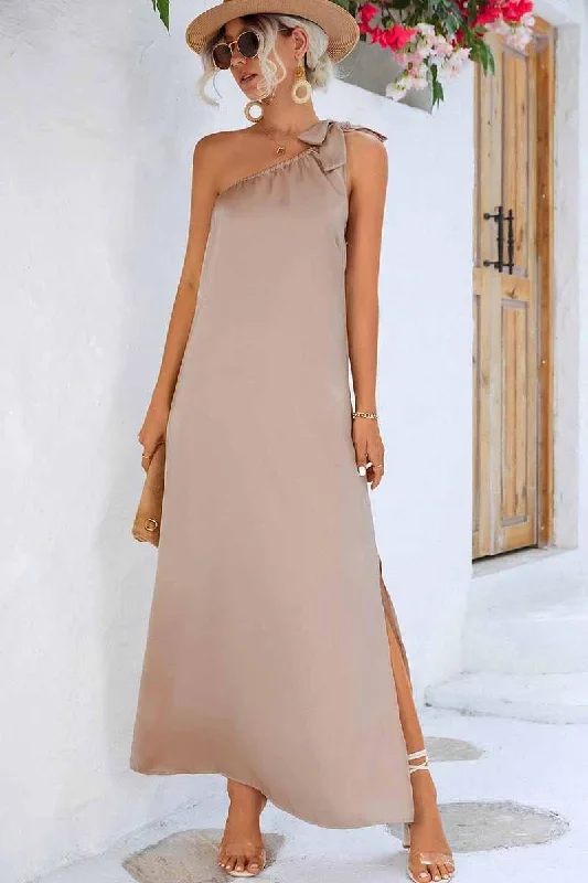 Women's maxi dress flared skirt -SLANTED RIBBON POINT SHOULDER MAXI SLIT DRESS