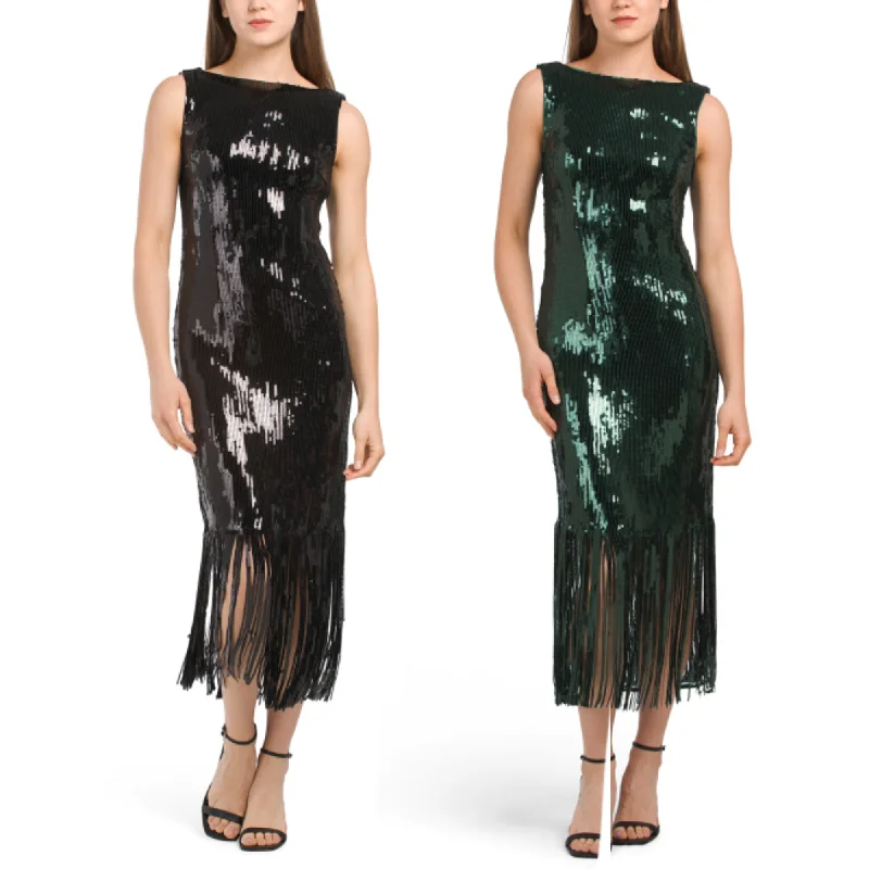 Women's maxi dress bell sleeve -Nanette Lepore Women's Boat Neck Sequin Fringe Hem Maxi Dress