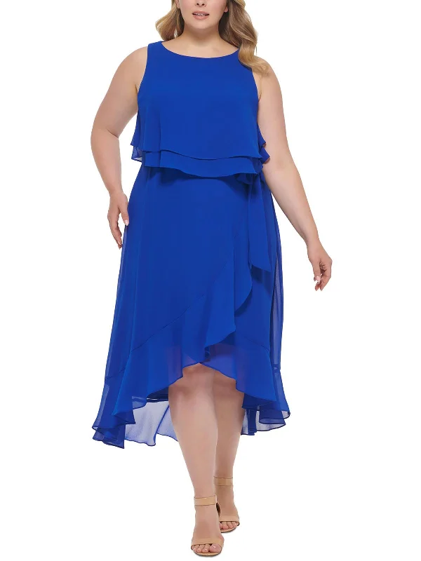 Ladies party dress jewel neck -Plus Womens Popover Hi-Low Cocktail And Party Dress