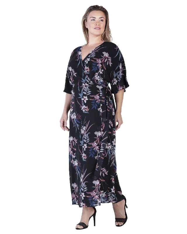 Women's maxi dress mesh -Aubrey Kimono Wrap Maxi Dress | Black Tropical Floral