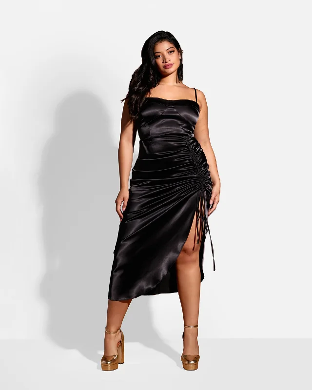 Ladies midi dress lightweight -Mina Satin Adjustable Ruched Midi Bodycon Dress | Black