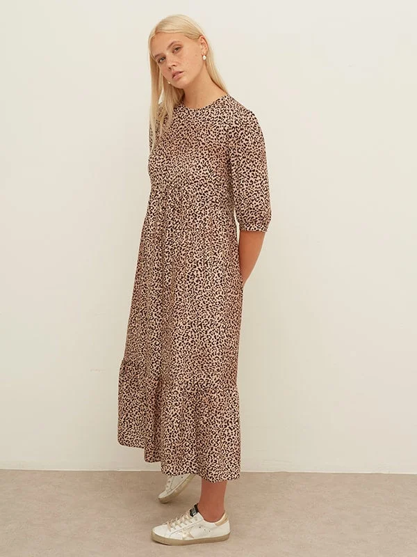 Ladies midi dress illusion neck -Rachel Smock Midi Dress Brown