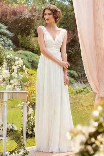 Ladies sleeveless dress geometric -Plunged Sleeveless Chiffon Pleated Wedding Dress With Lace And Bow