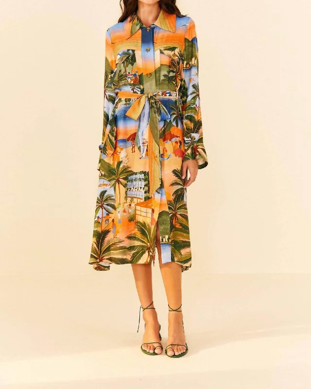 Ladies midi dress stretch -Carioca Midi Shirt Dress in Multi | Multi