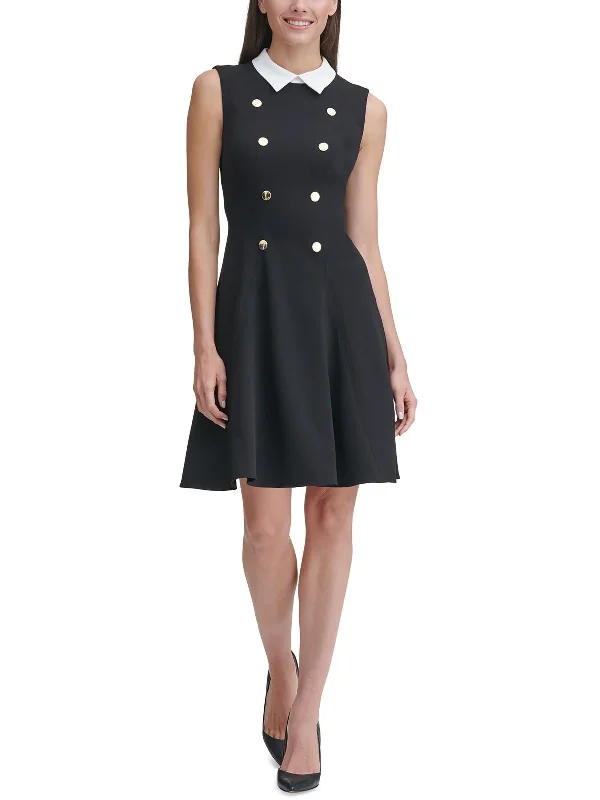 Ladies sleeveless dress abstract -Petites Womens Collared Sleeveless Shift Dress