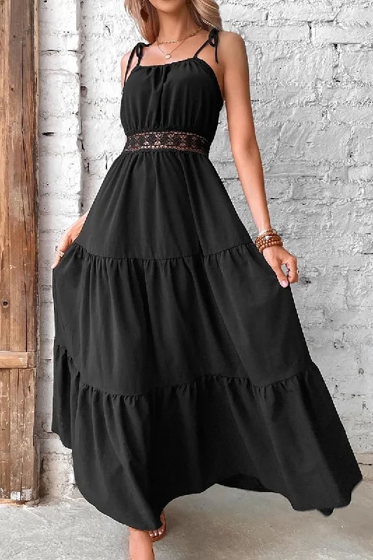 Women's maxi dress bohemian -TIED STRING SPAGHETTI STRAP LACE WAIST MAXI DRESS