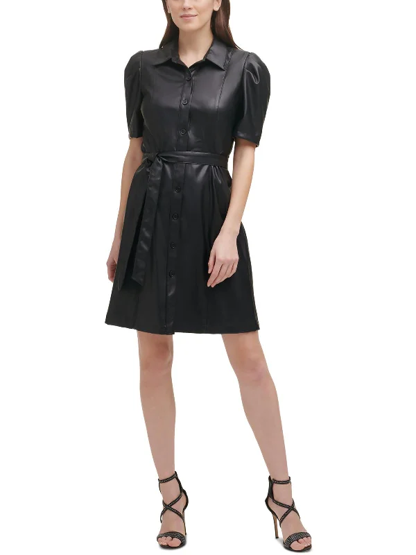 Women's shirt dress custom -Womens Faux Leather Knee Shirtdress