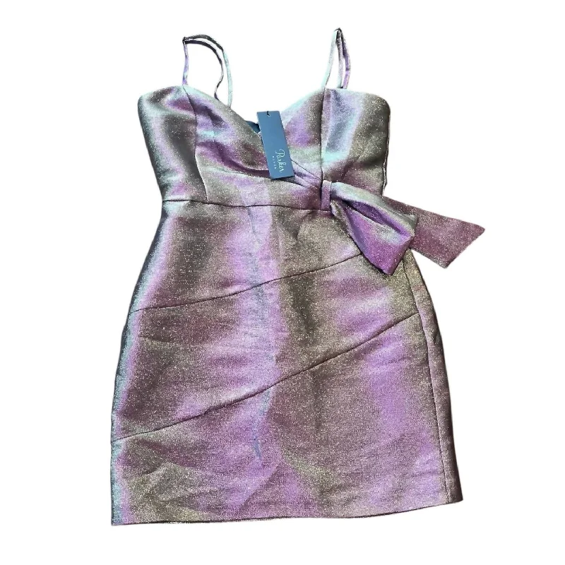 Ladies sleeveless dress burgundy -Sleeveless Bow Detail Cocktail Dress In Metallic Fuschia