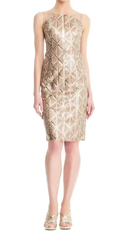 Ladies sleeveless dress outing -Sheath Sleeveless Sequin Dress In Champagne Gold